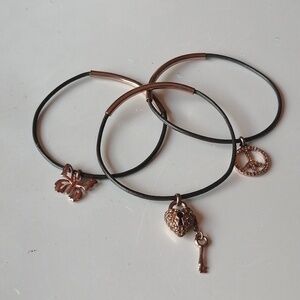 Fossil Leather Cord Brown Rhinestone Charm Butterfly Lock Key Bracelets